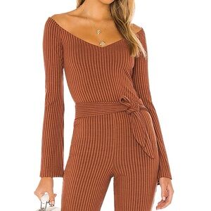 Revolve Song Of Style Ursa Ribbed Flare Long Sleeve Top in Rust Brown Size Small